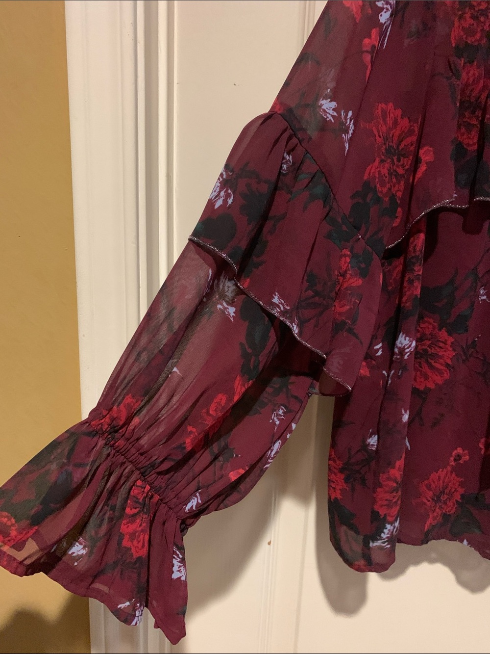 Lucky Brand Burgundy Floral Ruffle Tie-Neck Blouse - Picture 4 of 7